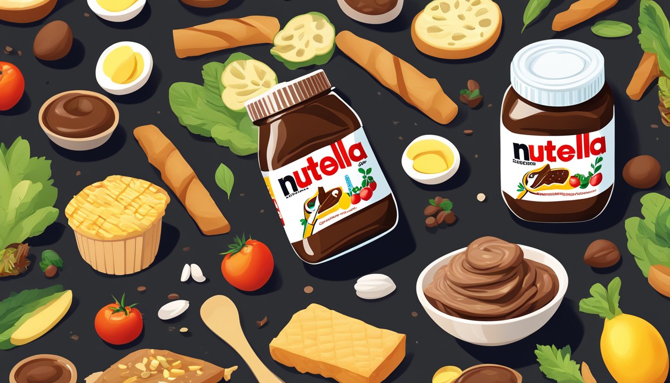 A jar of Nutella surrounded by various popular cuisine ingredients, with a spotlight shining on it