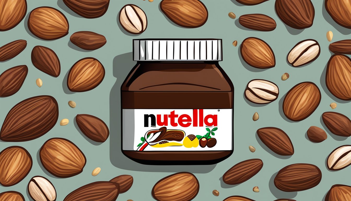 A jar of Nutella surrounded by various nuts and cocoa beans, with a spotlight shining on it