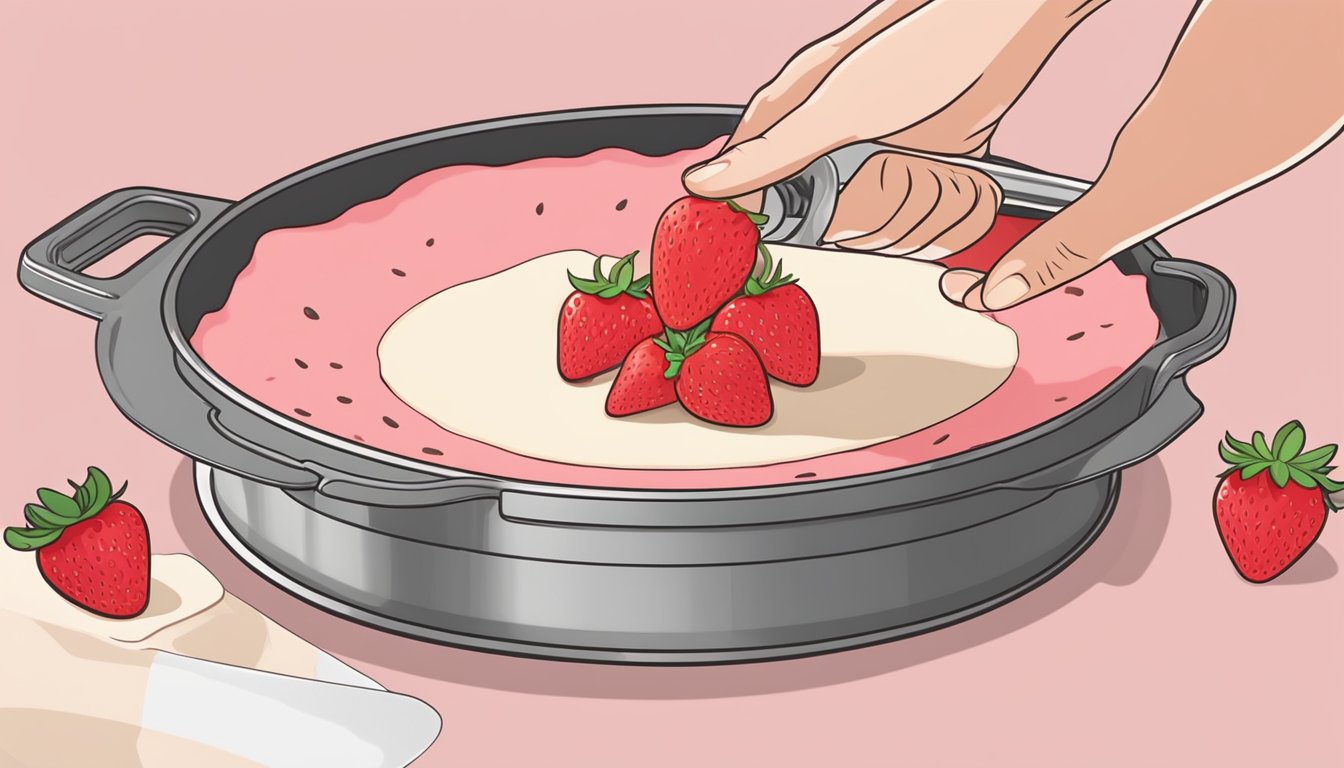 A hand pouring strawberry filling onto a graham cracker crust in a springform pan, ready to be baked