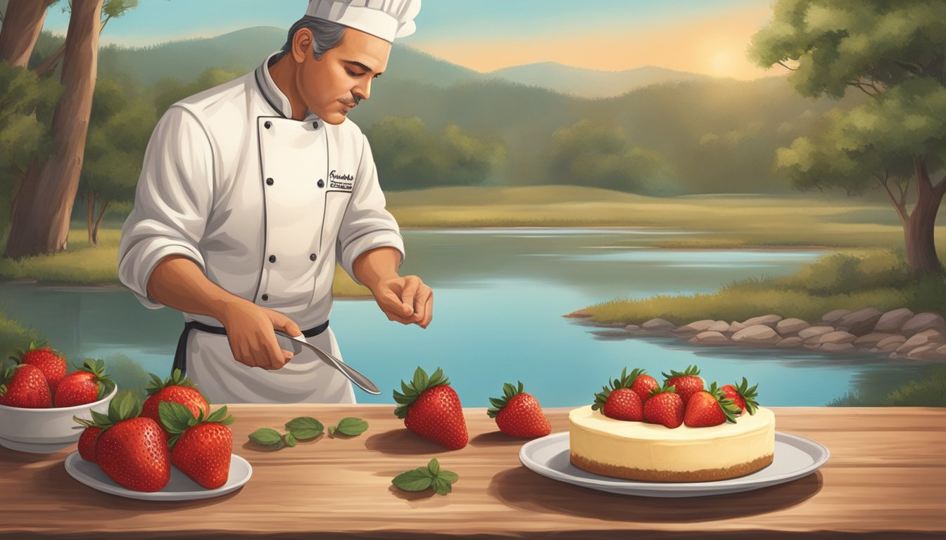 A chef carefully arranges fresh strawberries on top of a creamy cheesecake, surrounded by a rustic Texas backdrop