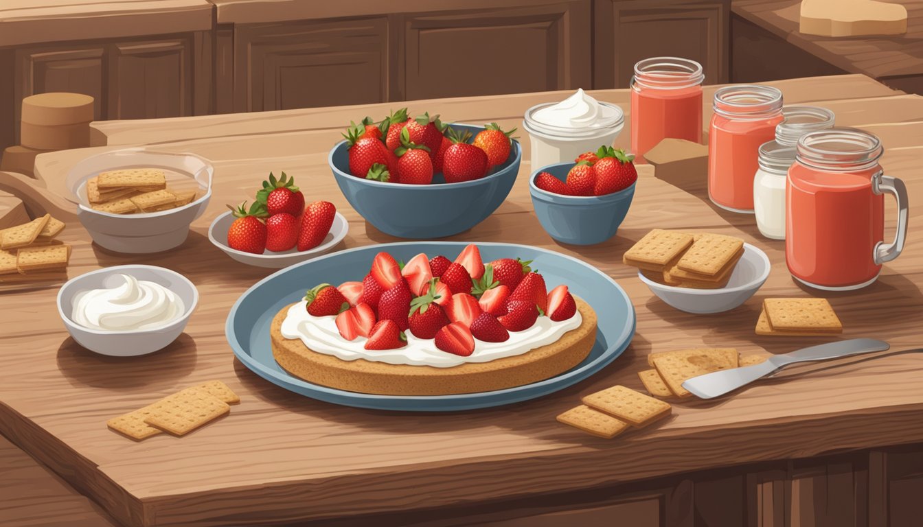 A rustic kitchen with fresh strawberries, cream cheese, and graham crackers laid out on a wooden table, ready to be turned into a delicious Texas strawberry cheesecake