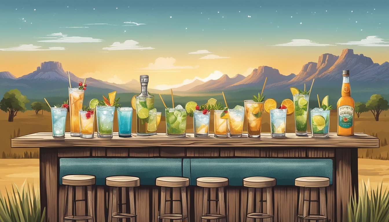 A rustic wooden bar with 8 glasses of Texas Ranch Water cocktails, adorned with festive garnishes, set against a backdrop of Texas scenery