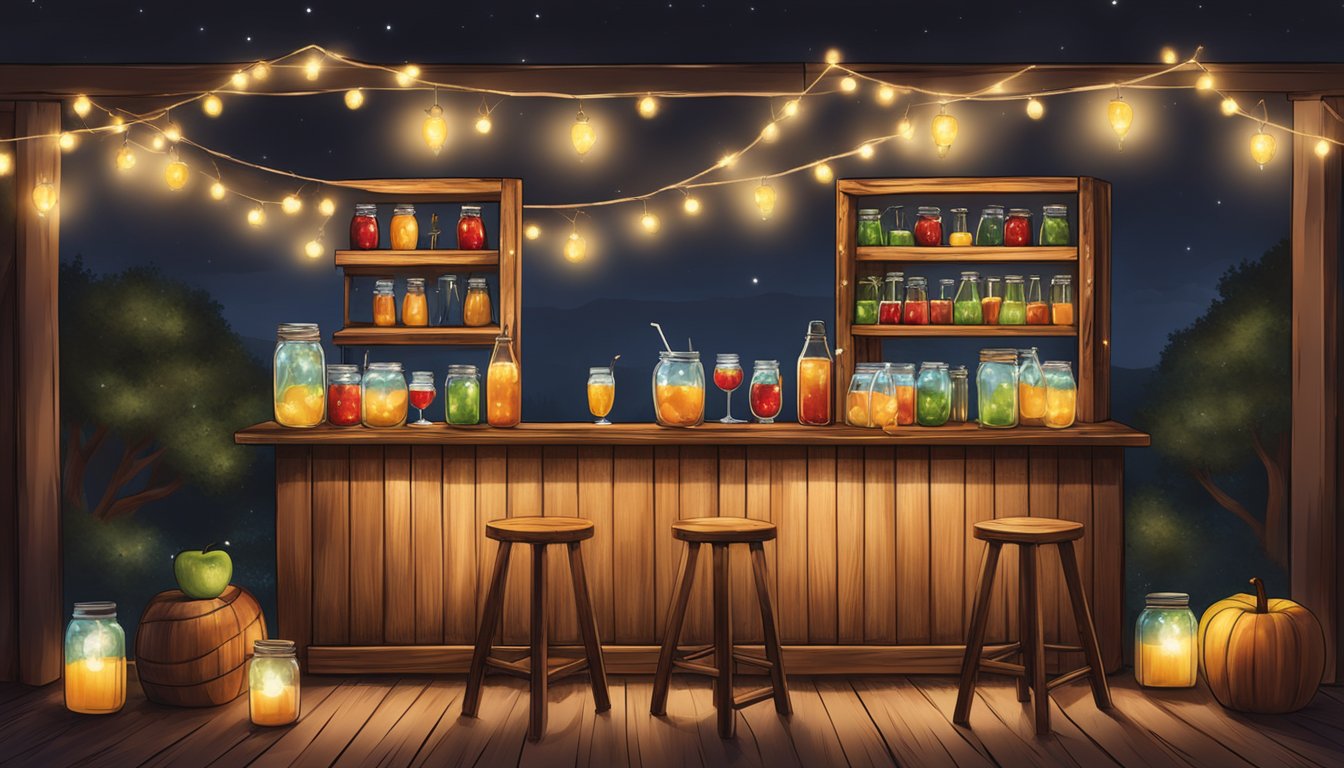 A rustic wooden bar adorned with mason jar glasses filled with caramel apple sangria. Festive holiday decor and twinkling lights create a cozy Texas-style atmosphere