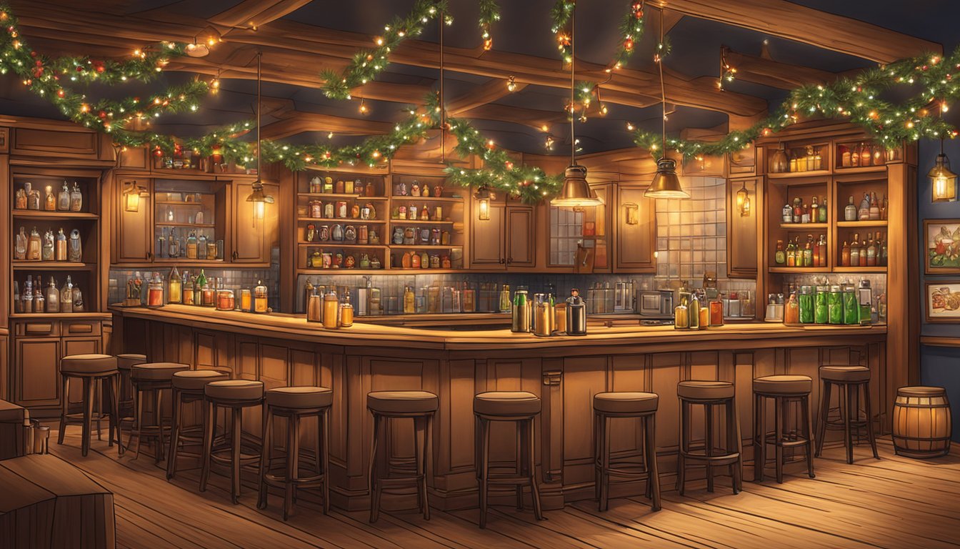 A cozy Texas-themed bar with a festive display of 8 hot toddy cocktails, surrounded by holiday decorations and warm lighting