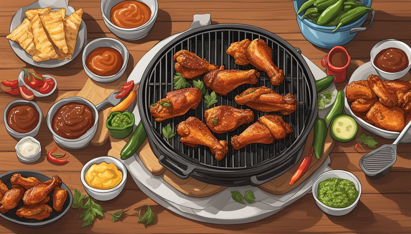 A sizzling grill with three varieties of chicken wings surrounded by Texas-inspired ingredients like barbecue sauce, jalapenos, and cayenne pepper