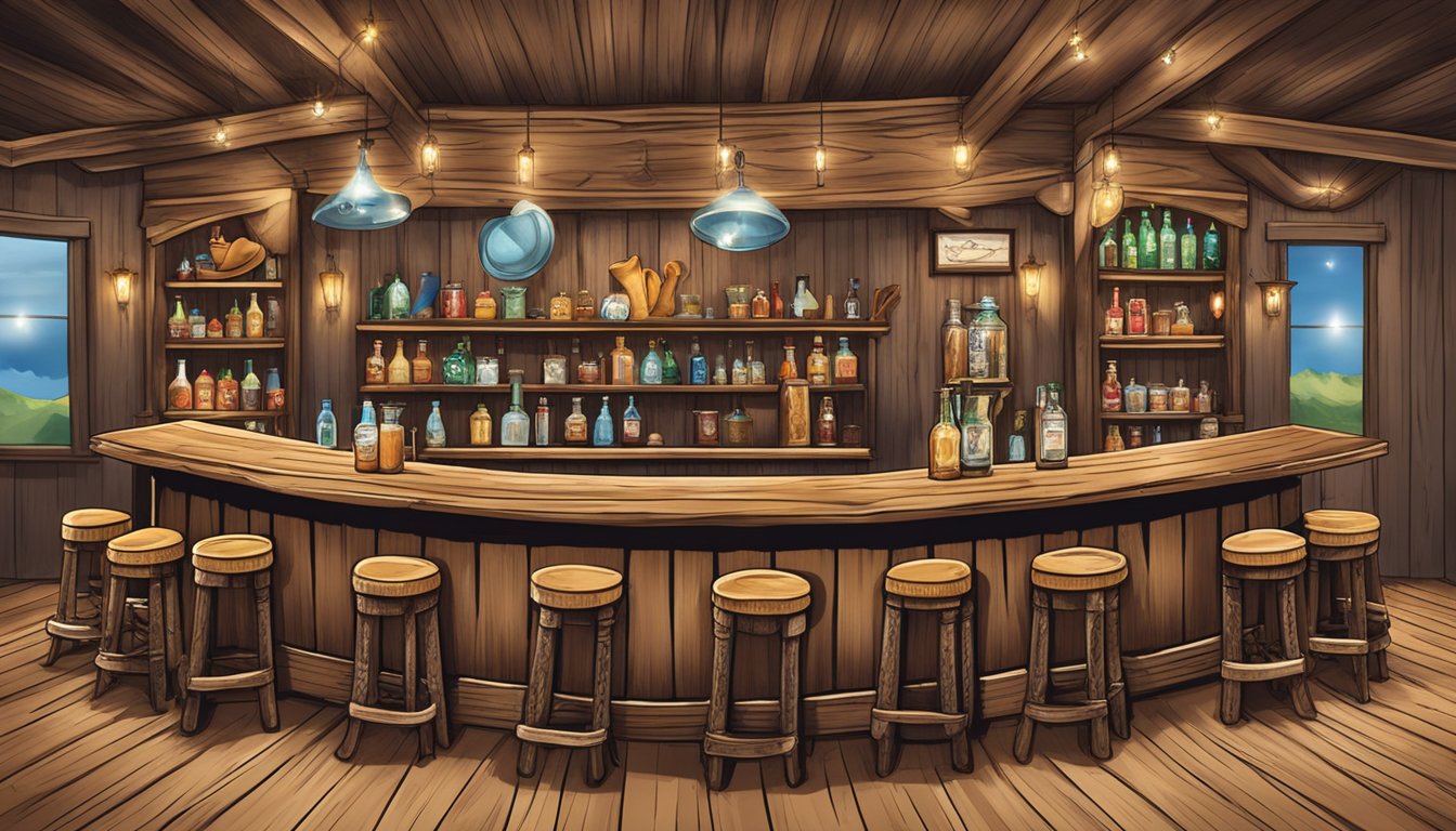 A rustic wooden bar adorned with cowboy boots and hats, surrounded by festive cocktail glasses and Texas-themed decor