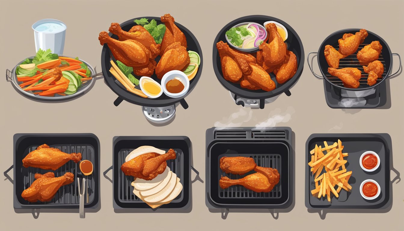 Chicken wings grilling over an open flame, a smoker emitting fragrant smoke, and a deep fryer bubbling with hot oil. A variety of side dishes and beverages displayed nearby