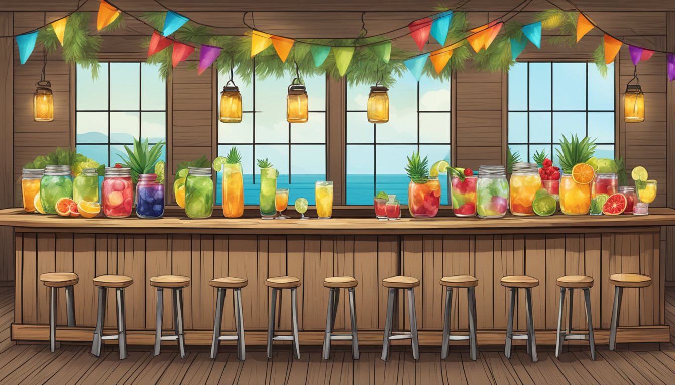 A rustic wooden bar adorned with festive decor, lined with mason jars filled with colorful cocktails and garnished with slices of fresh fruit