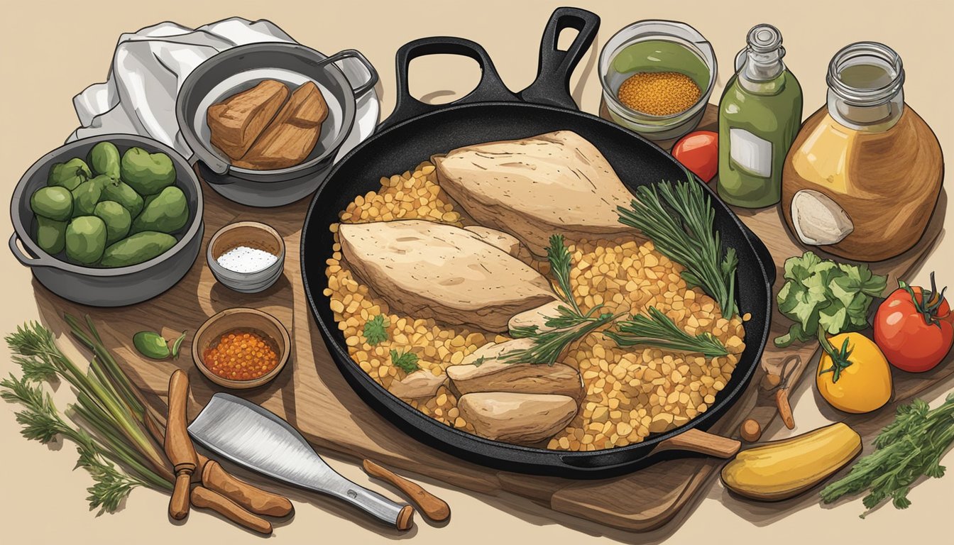 A rustic kitchen with ingredients laid out for making King Ranch Chicken. A cast iron skillet sizzles on the stove, while spices and vegetables wait to be added