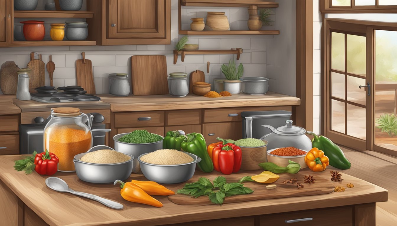 A rustic kitchen with ingredients and utensils for making King Ranch Chicken, including bell peppers, chicken, tortillas, and spices