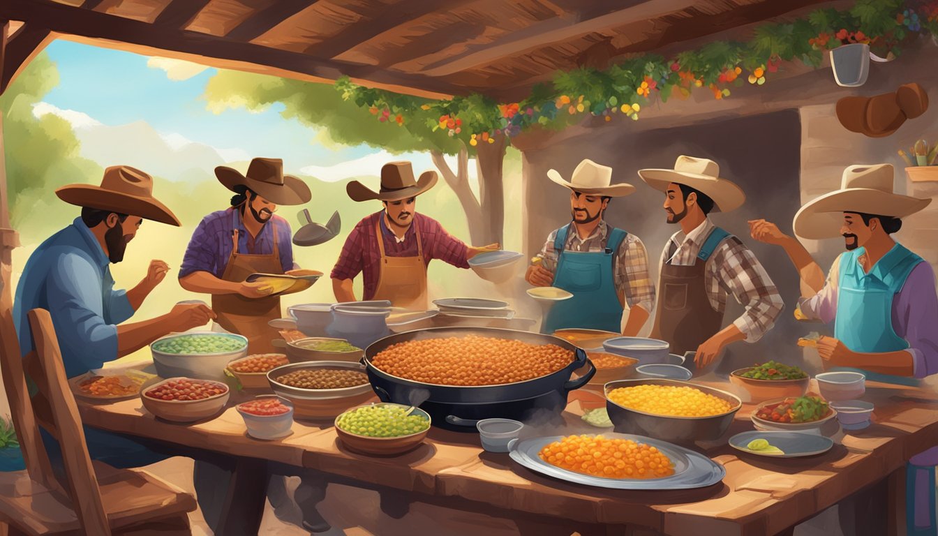 A rustic Texas potluck scene with a steaming pot of Frijoles Charros surrounded by colorful table settings and a cowboy hat