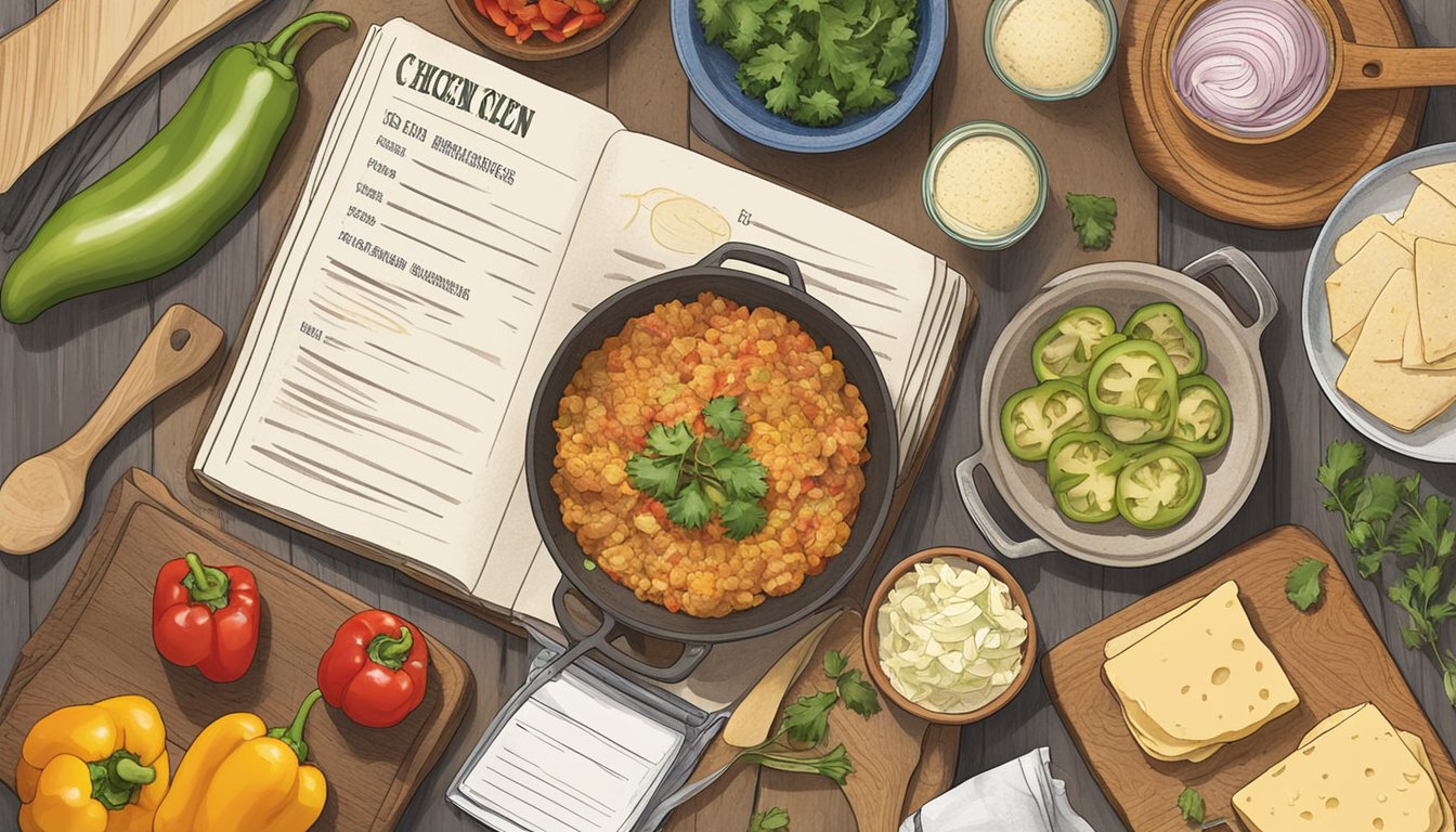 A rustic kitchen setting with various Texan ingredients laid out, including bell peppers, onions, cheese, and tortillas, alongside a recipe book open to a page detailing the steps for making King Ranch Chicken