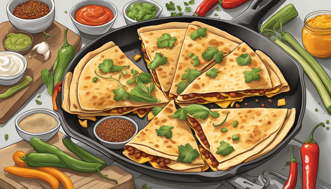 A sizzling skillet with chili cheese quesadillas, surrounded by Texan spices and ingredients