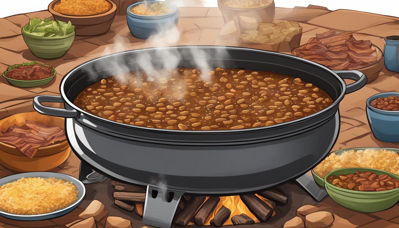 A large pot simmering over a crackling campfire, filled with bubbling frijoles charros and chunks of savory bacon, ready for a Texas potluck