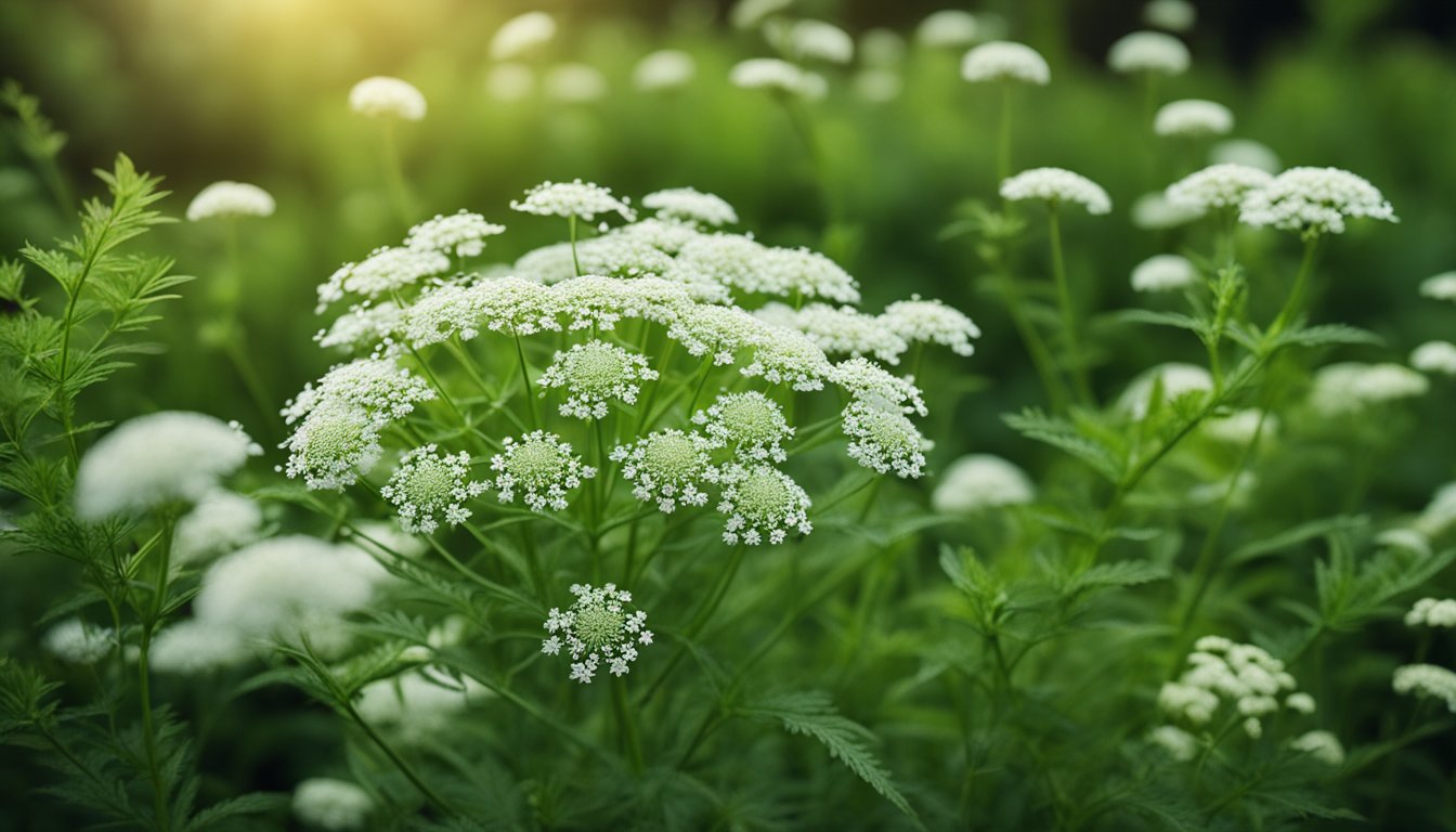 A lush garden with Queen Anne's Lace, Neem, and Smartweed labeled for natural contraception. Rustic and traditional, evoking an era of herbal birth control