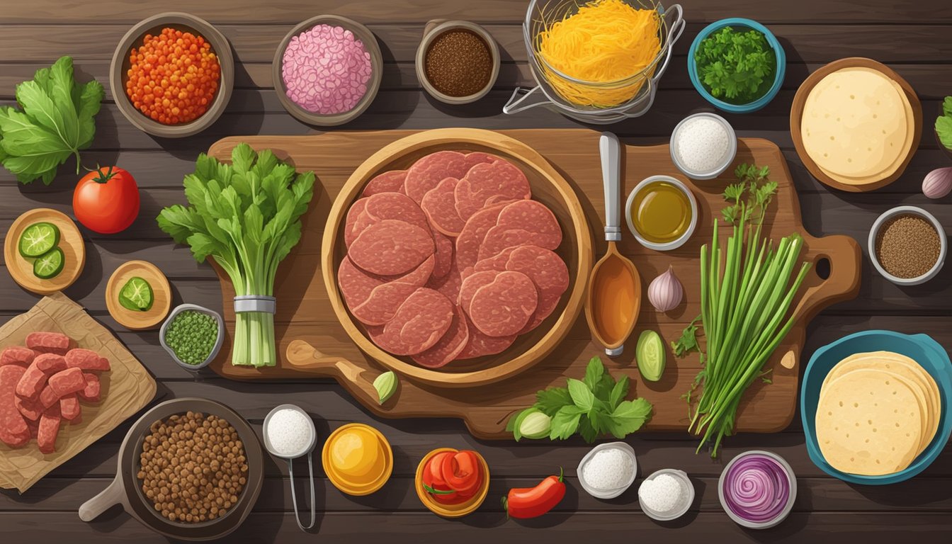 A rustic kitchen with a variety of ingredients laid out on a wooden table, including ground beef, spices, tortillas, and fresh vegetables