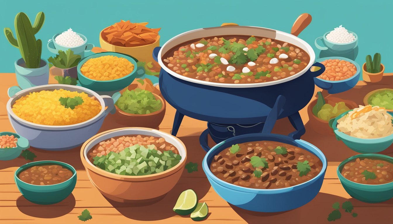 A steaming pot of frijoles charros surrounded by colorful Texas-themed potluck dishes