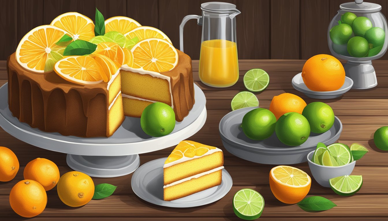 A rustic Texas citrus cake surrounded by fresh oranges, lemons, and limes on a wooden table