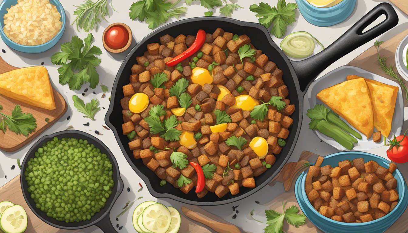 A sizzling skillet filled with Texas-style hash, surrounded by vibrant ingredients and spices, evoking the flavors of a budget-friendly Lone Star feast