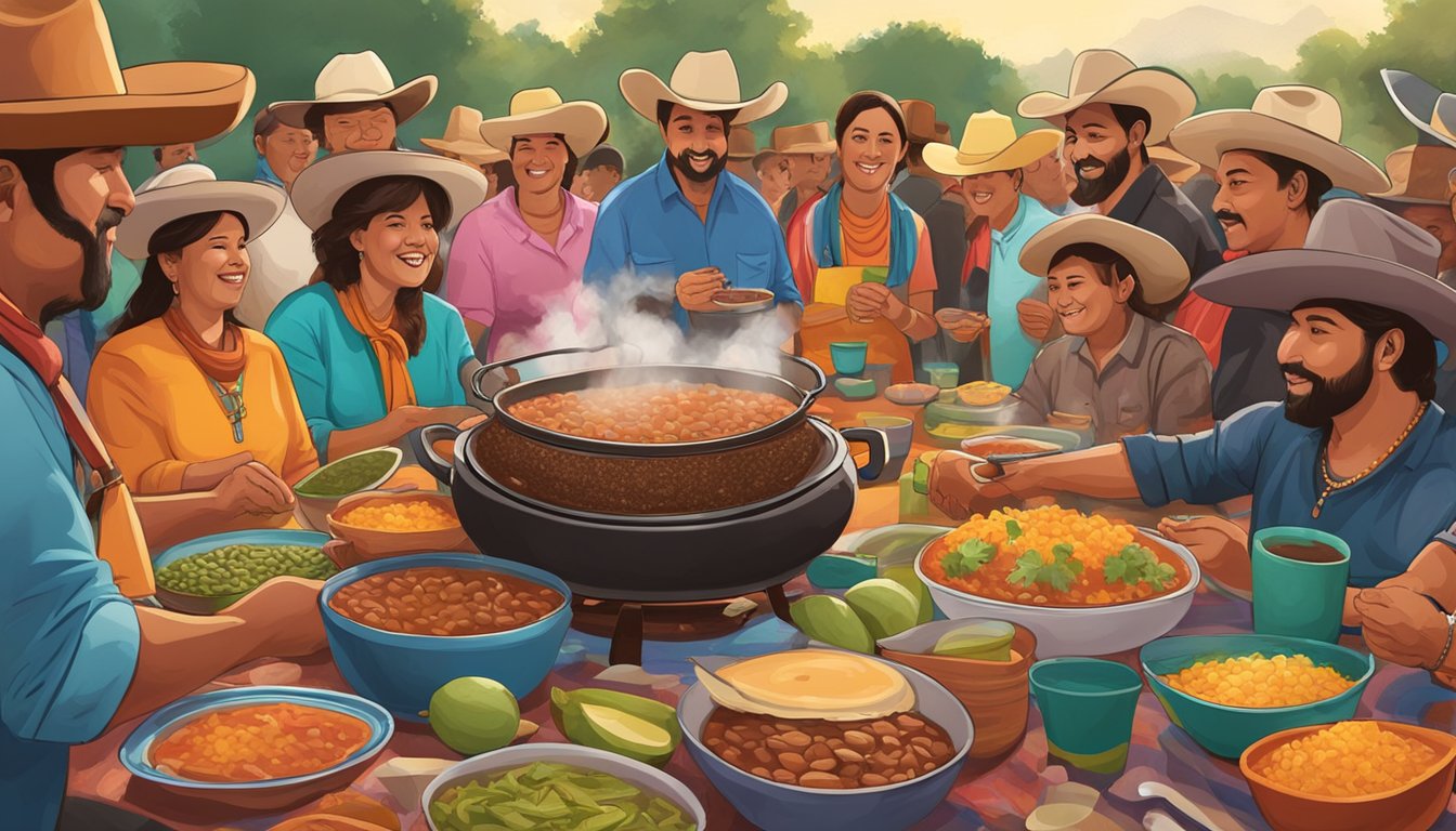 A steaming pot of frijoles charros surrounded by colorful Texas-themed tableware and a group of hungry onlookers at a lively potluck gathering