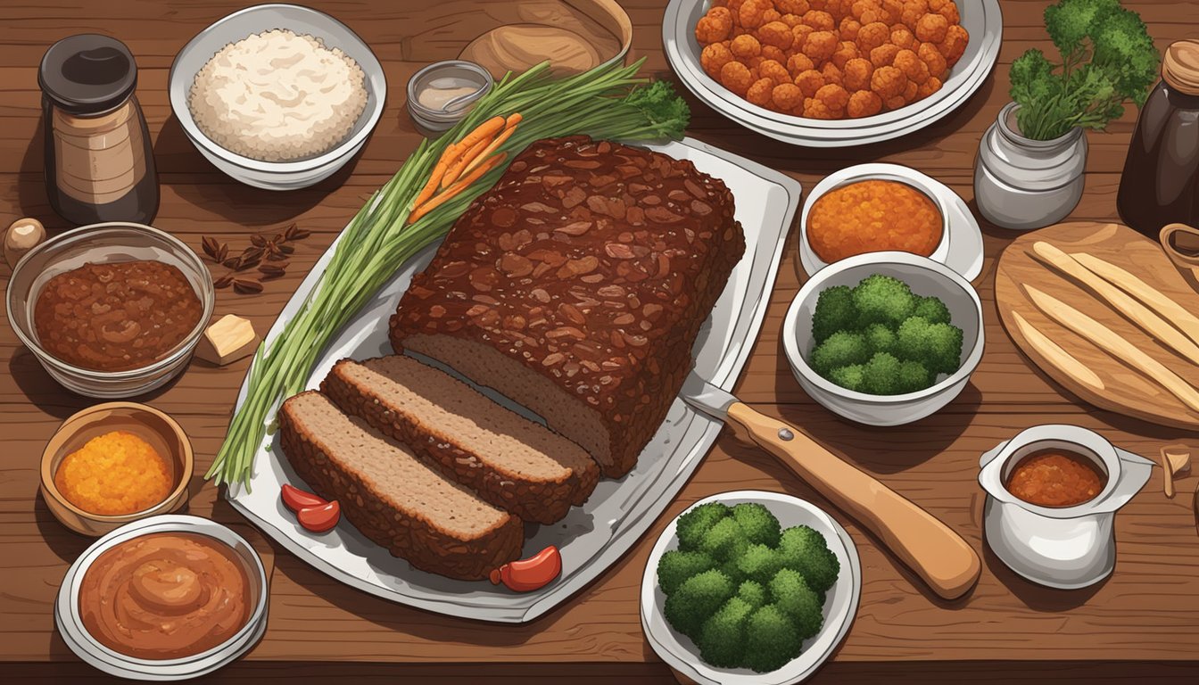 A rustic wooden table set with a platter of Texas BBQ meatloaf, surrounded by ingredients and spices, evoking a warm and inviting atmosphere