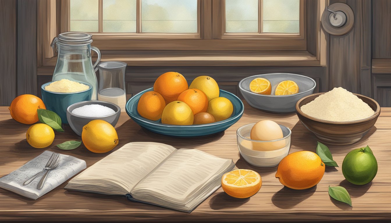 A rustic kitchen table with a variety of fresh Texas citrus fruits, flour, sugar, and eggs arranged neatly alongside a vintage recipe book