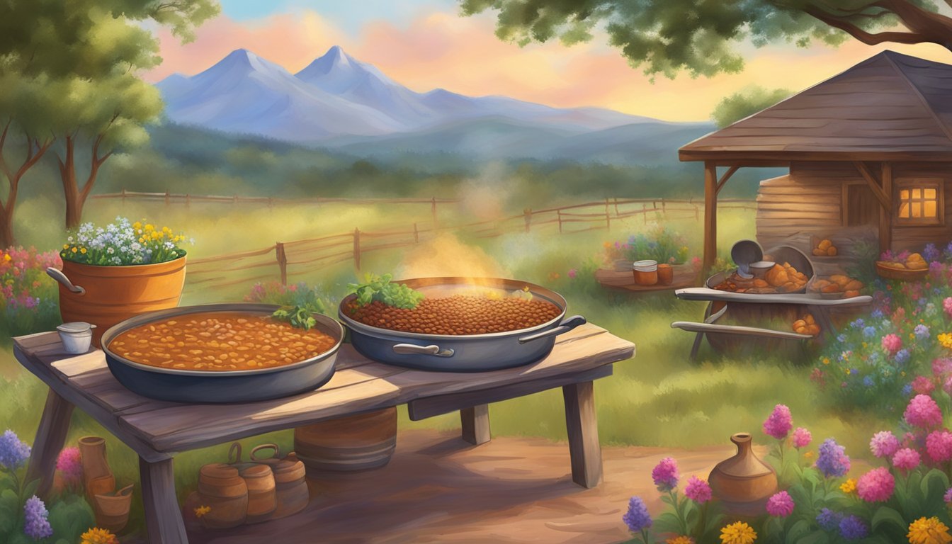 A steaming pot of frijoles charros surrounded by colorful Texas wildflowers and a rustic picnic table at a lively potluck gathering