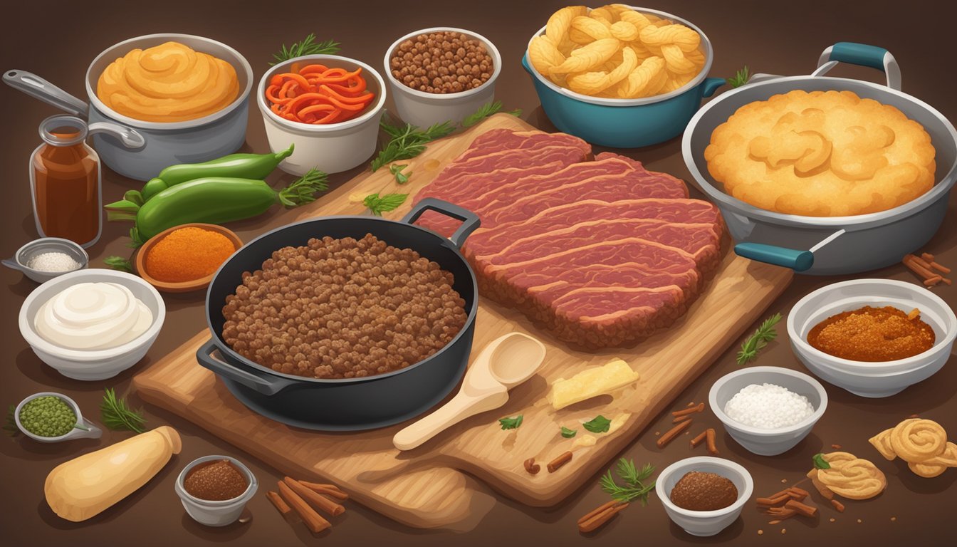 A Texan kitchen filled with the aroma of sizzling ground beef, spices, and flaky pastry, surrounded by a variety of ingredients and cooking utensils