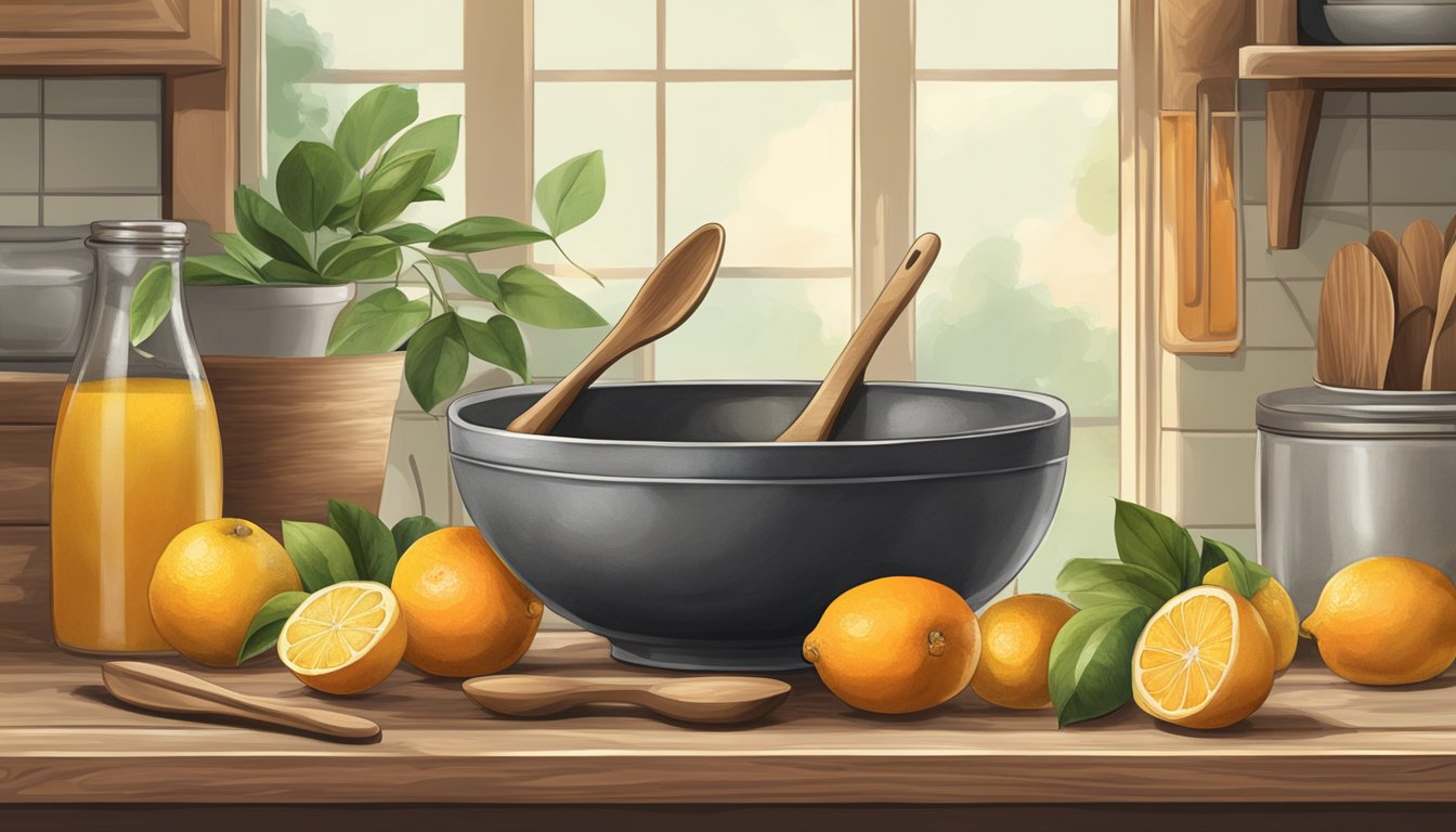 A rustic kitchen with fresh citrus fruits, a mixing bowl, and a wooden spoon on a countertop