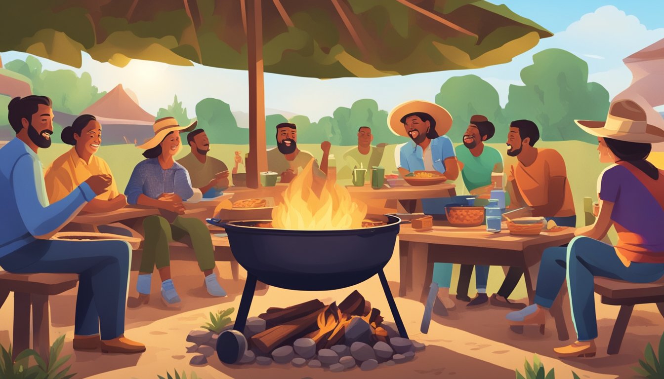 A rustic Texas potluck scene with a large pot of frijoles charros simmering over a campfire, surrounded by colorful picnic tables and a group of people chatting and laughing