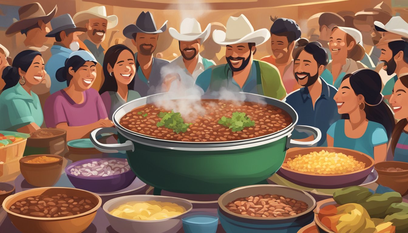 A steaming pot of frijoles charros sits at the center of a bustling Texas potluck, surrounded by colorful plates and lively conversation