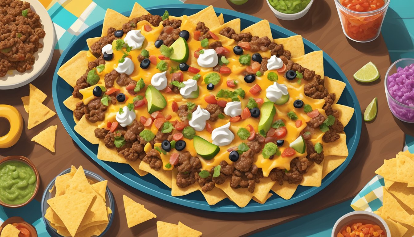 A platter of loaded nachos topped with savory ground beef, melted cheese, and colorful toppings, surrounded by a Texan-inspired decor