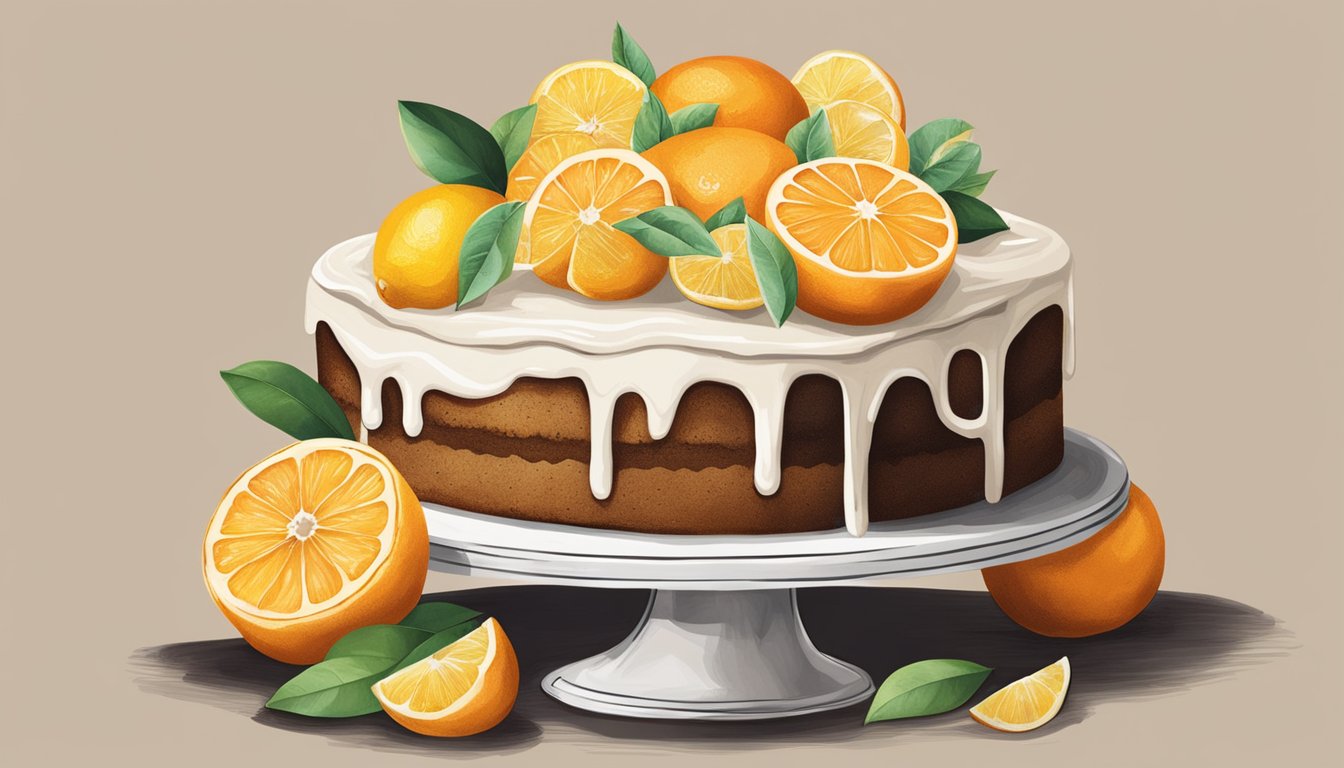 A rustic cake being topped with citrus fruits and icing