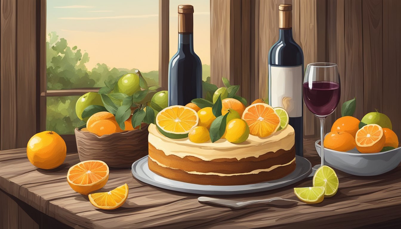 A rustic cake surrounded by fresh Texas citrus fruits and a bottle of wine on a wooden table