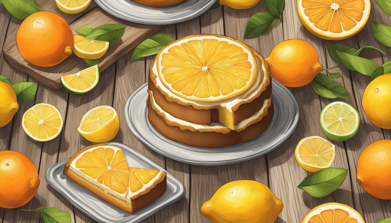 A rustic wooden table with a sliced Texas citrus cake, surrounded by fresh oranges and lemons