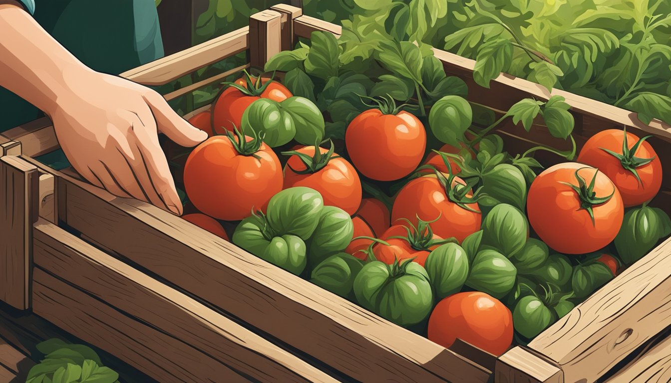 A hand reaching for a plump, ripe tomato from a wooden crate, surrounded by vibrant green leaves and a rustic kitchen backdrop