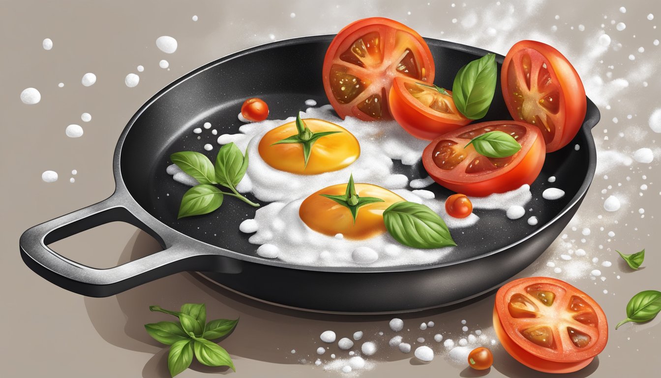 A sizzling skillet holds golden-brown slices of red tomatoes, surrounded by a sprinkling of flour and a splash of bubbling oil