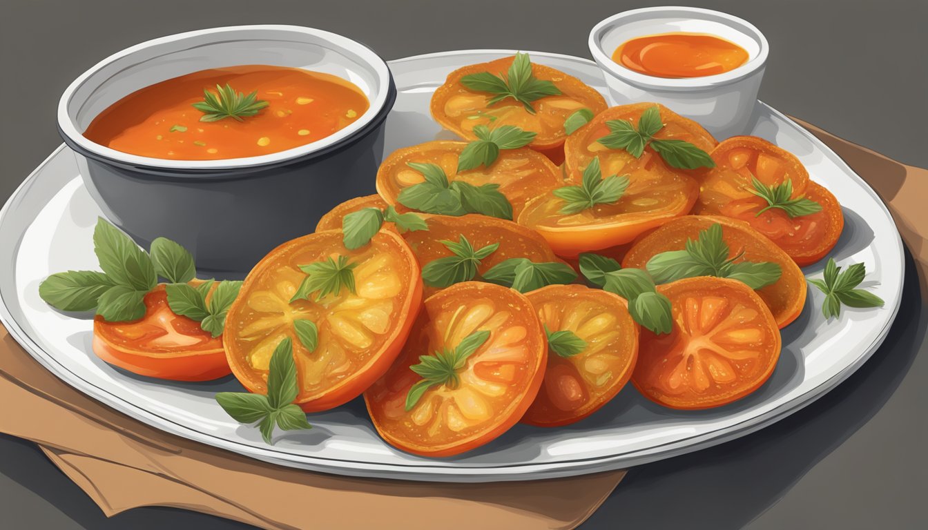 A platter of golden-fried red tomatoes, garnished with fresh herbs and served with a side of dipping sauce