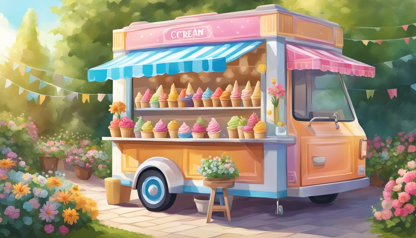 A colorful ice cream cart sits in a sunny backyard, surrounded by lush greenery and vibrant flowers. A scoop of creamy, homemade ice cream is being placed into a waffle cone