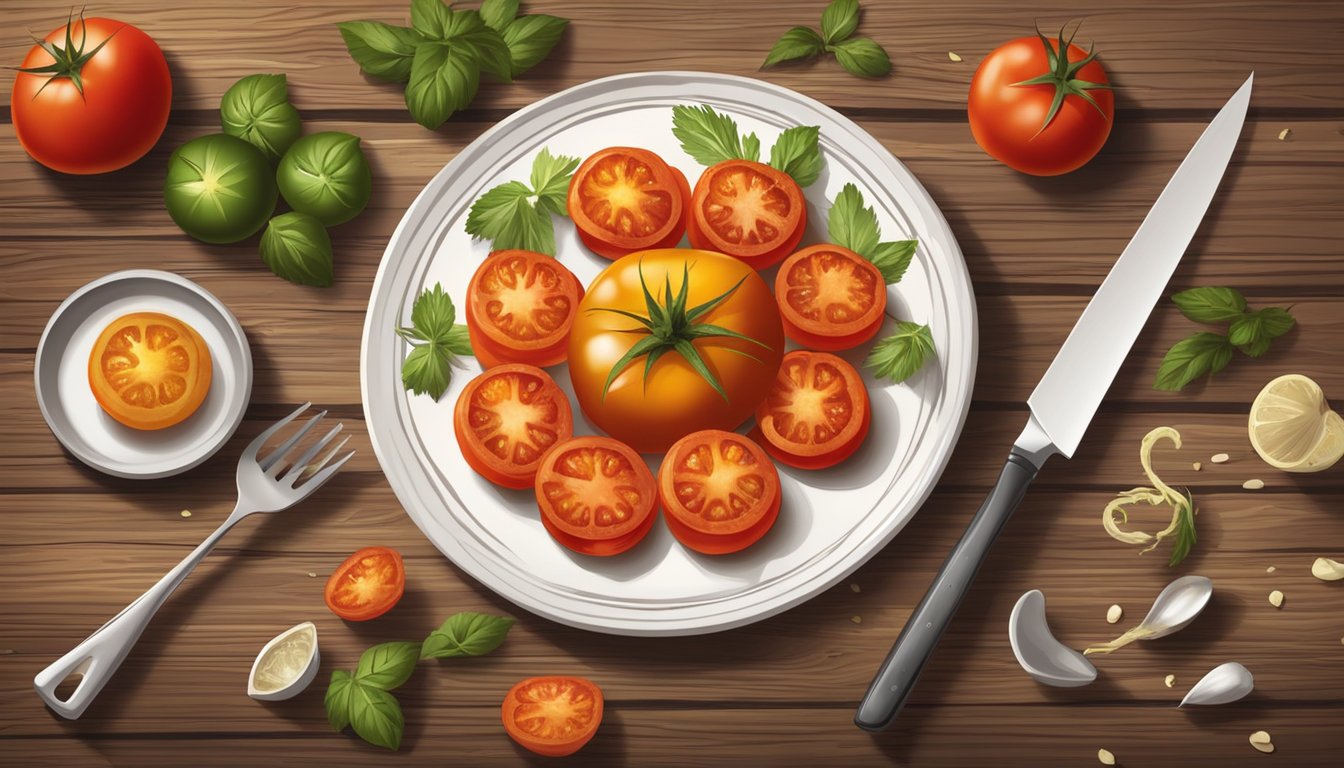 A plate of golden fried red tomatoes sits on a rustic wooden table, surrounded by fresh ingredients and cooking utensils