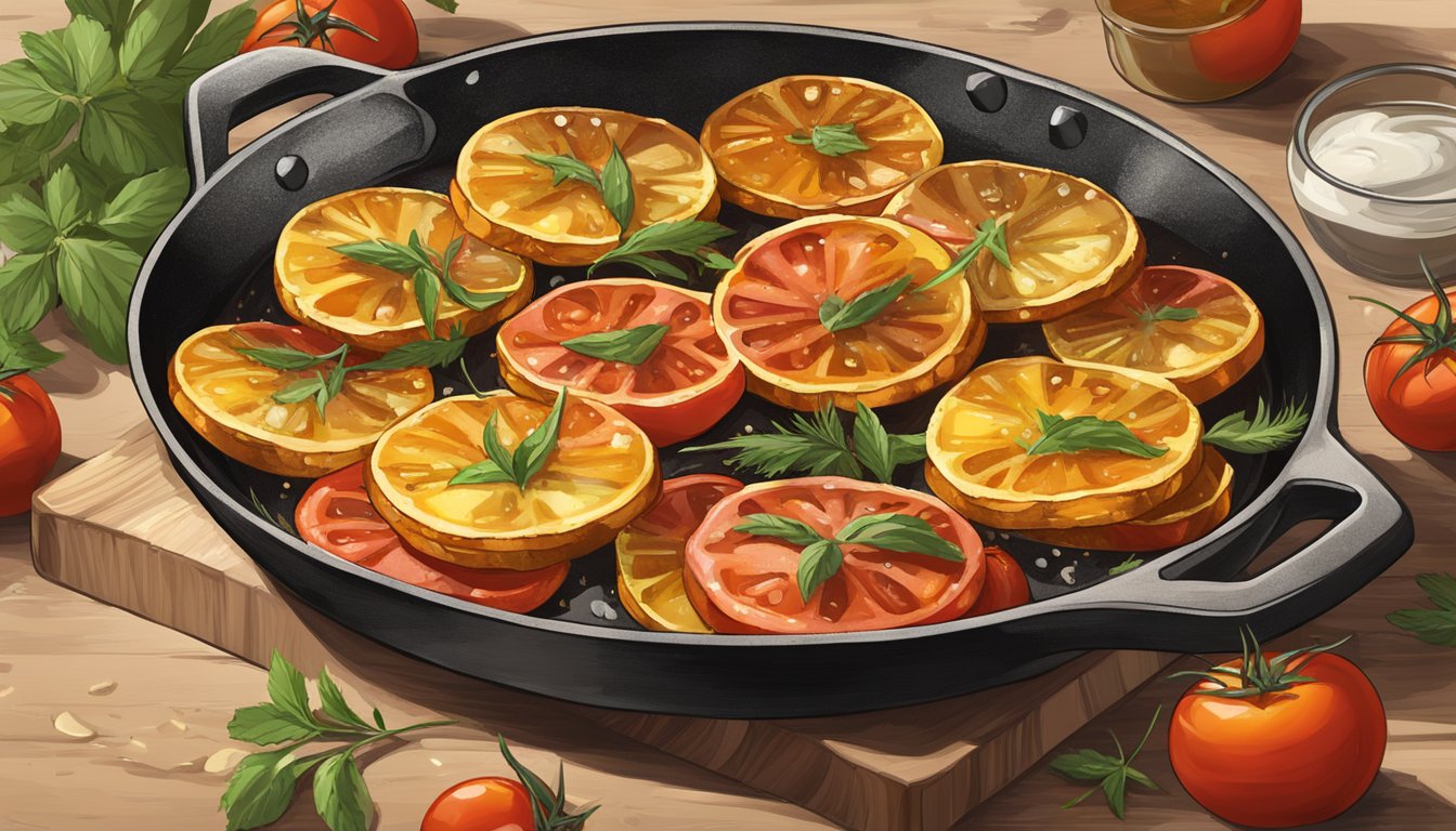 A sizzling skillet holds golden slices of fried red tomatoes, surrounded by a sprinkle of herbs and a drizzle of oil