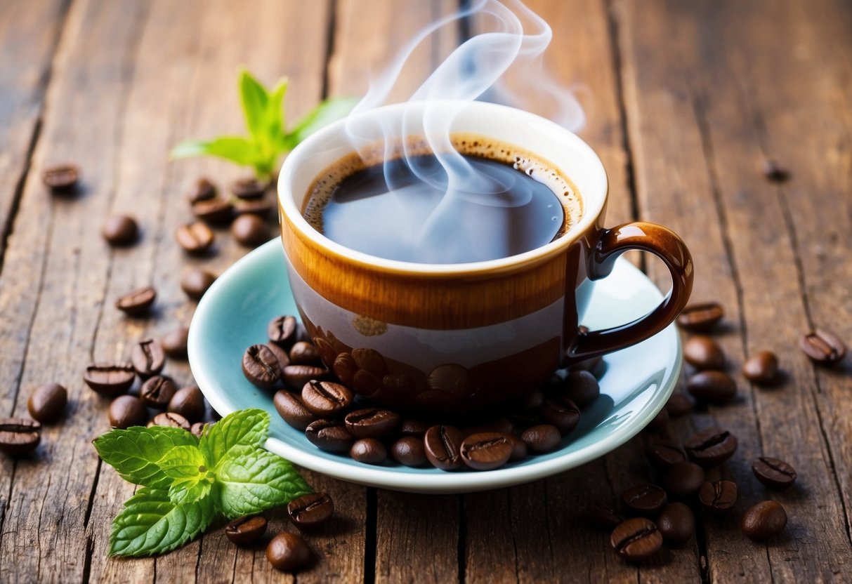 A steaming cup of Java Burn sits on a rustic wooden table, surrounded by scattered coffee beans and a sprig of fresh mint