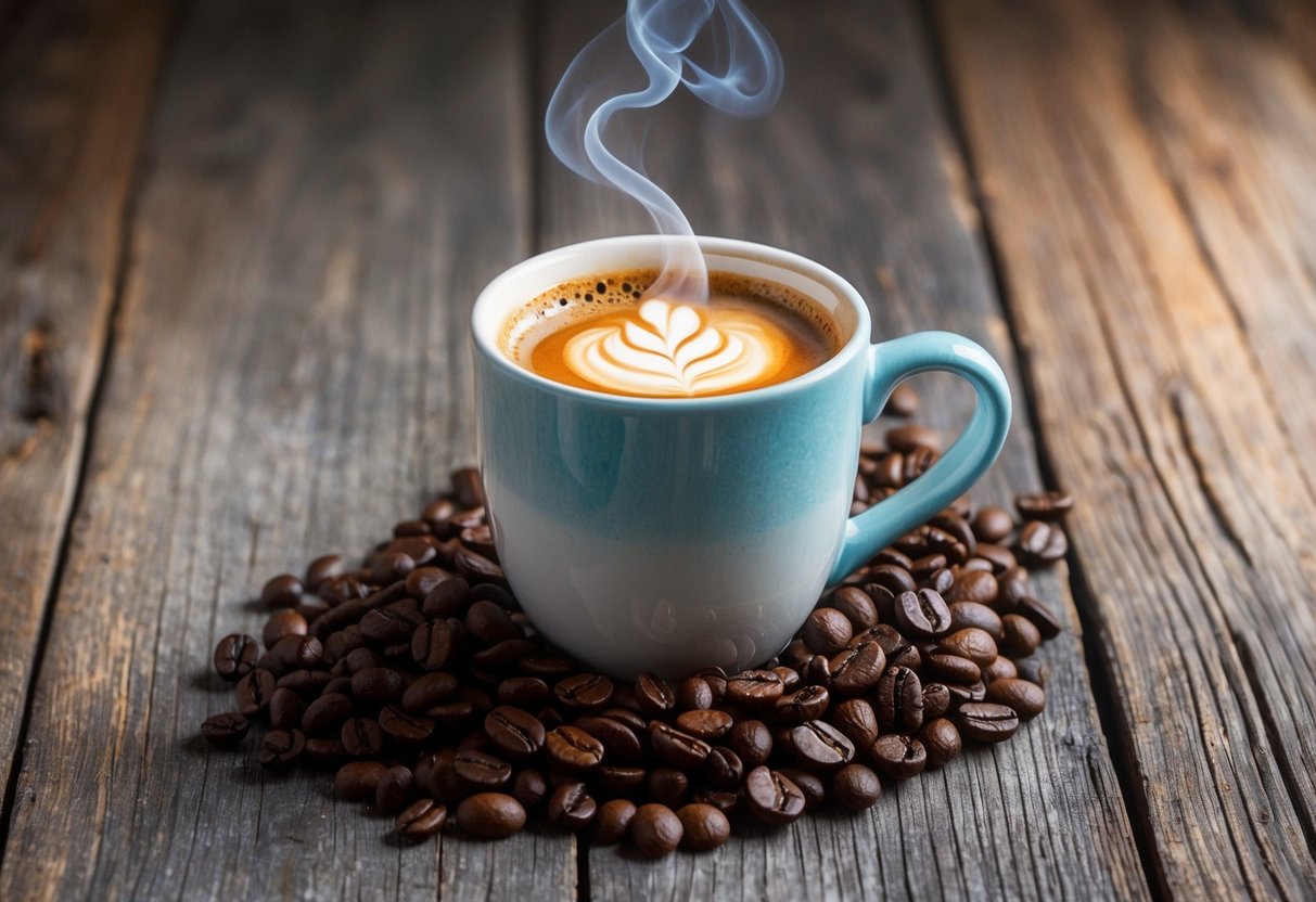 A steaming cup of Java Burn Metabolism Booster sits on a rustic wooden table, surrounded by vibrant coffee beans and a hint of steam rising from the mug