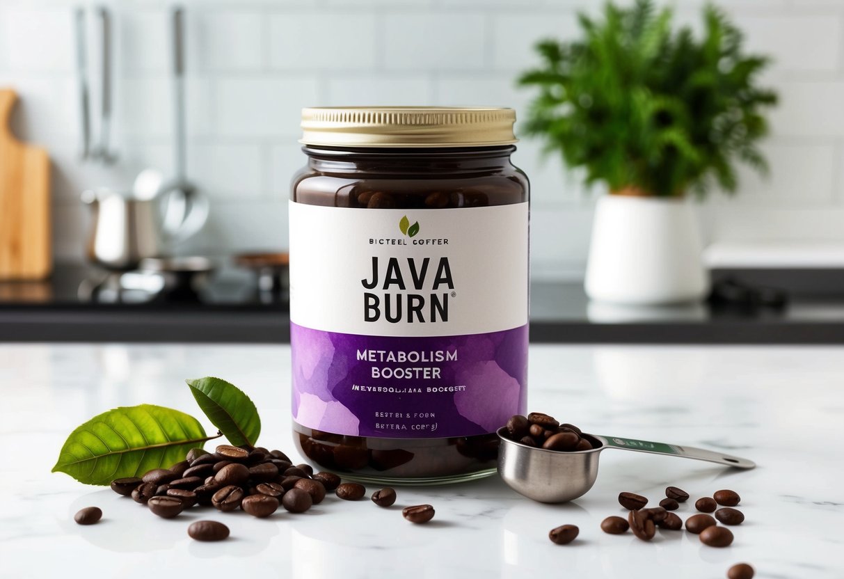 A jar of Java Burn Metabolism Booster sits on a clean, well-lit kitchen counter, surrounded by fresh coffee beans and a measuring spoon