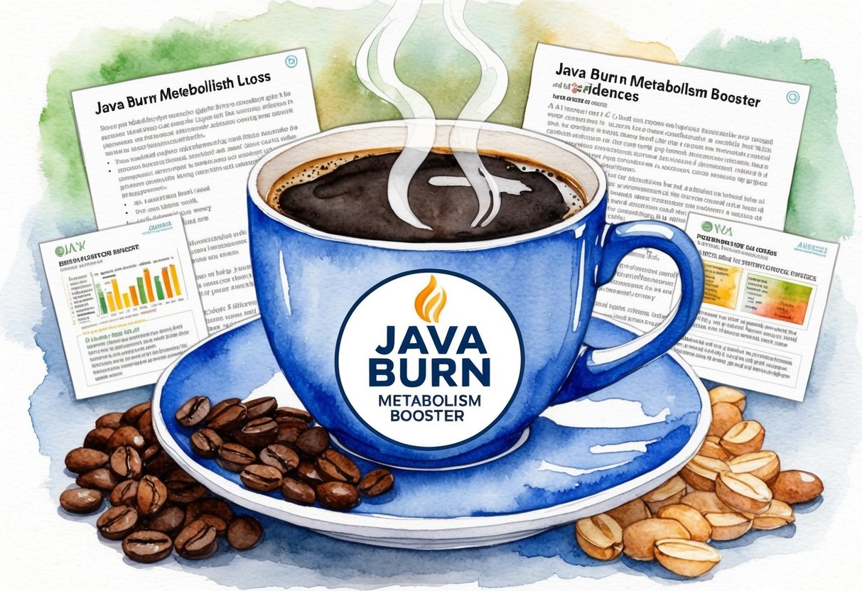 A steaming cup of Java Burn weight loss coffee surrounded by scientific studies and evidence, with a Java Burn metabolism booster prominently displayed