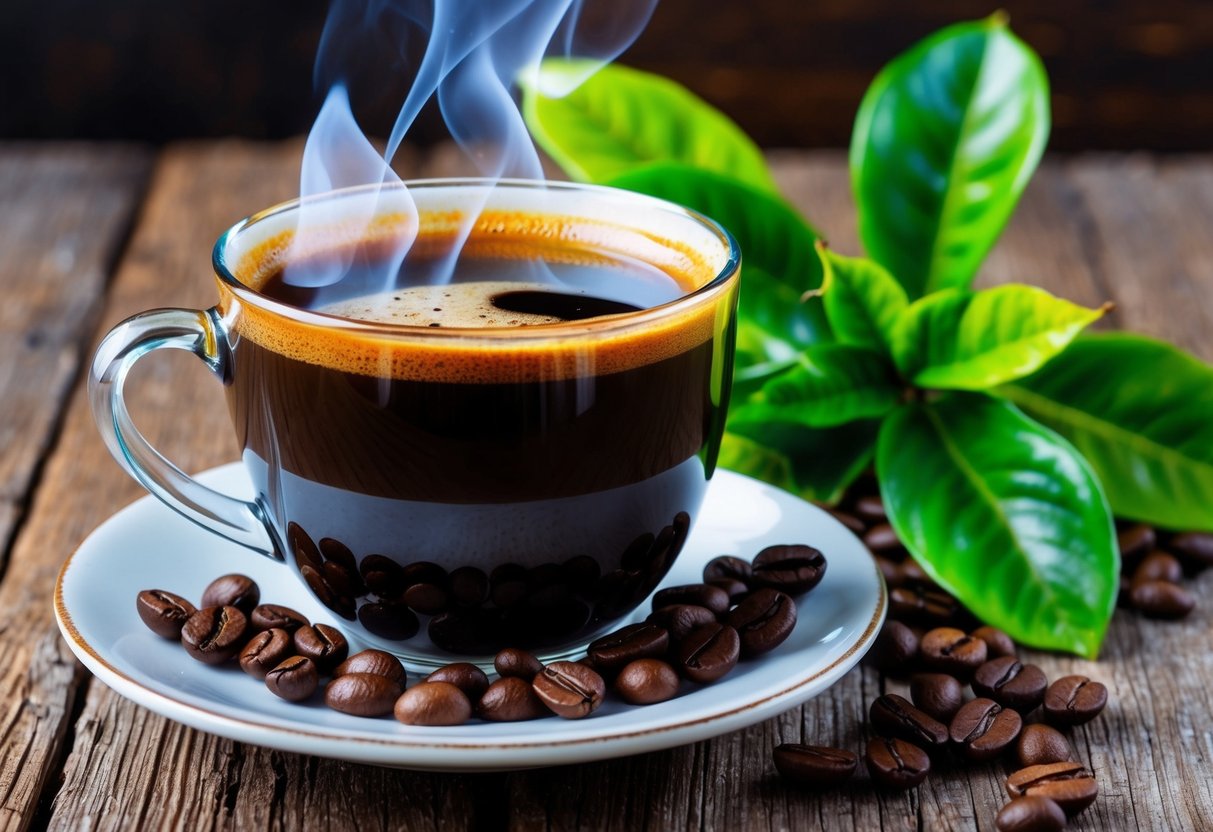 A steaming cup of Java Burn sits on a rustic wooden table, surrounded by fresh coffee beans and a vibrant green plant