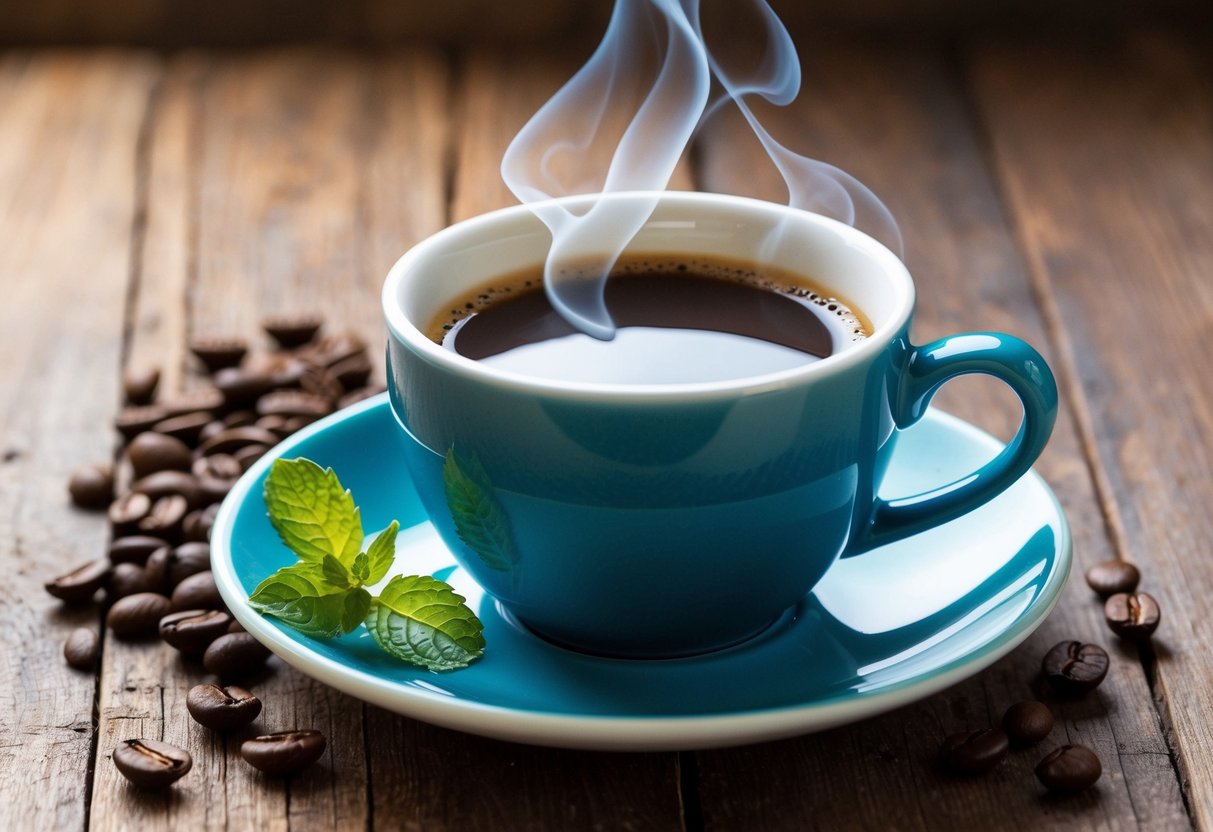 A steaming cup of Java Burn sits on a rustic wooden table, surrounded by fresh coffee beans and a sprig of mint