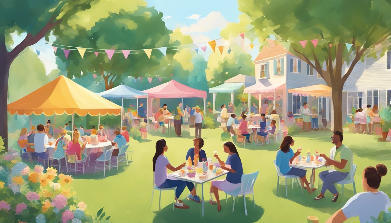 A colorful ice cream social in a sunny backyard, with tables filled with homemade ice cream, toppings, and happy guests enjoying the cool treats