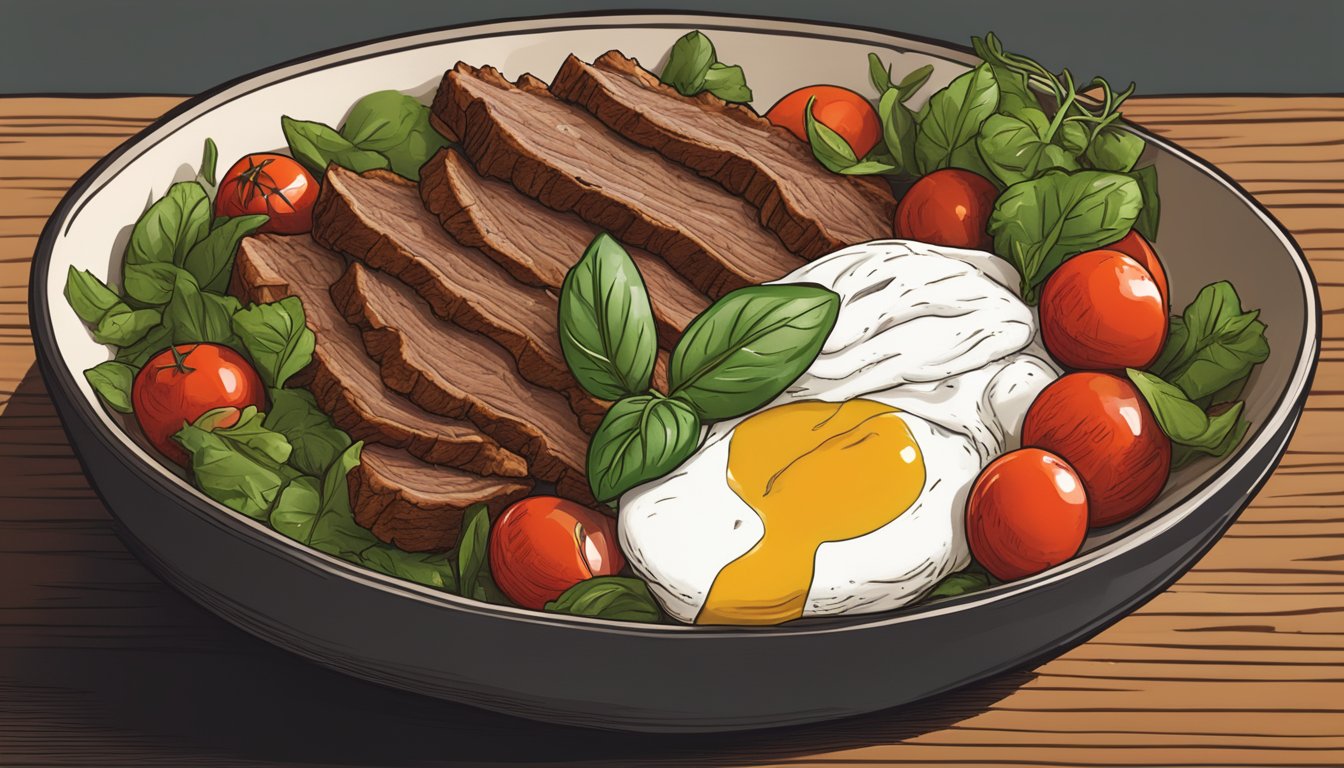 A wooden salad bowl filled with crispy Texas brisket, cherry tomatoes, burrata, and drizzled with basil oil