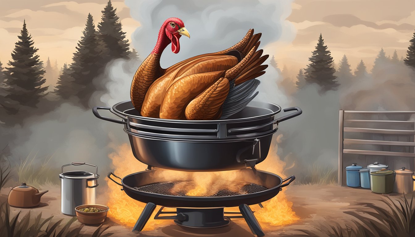 A large turkey sizzling in a deep fryer, surrounded by billowing smoke and the scent of Texas-style seasonings